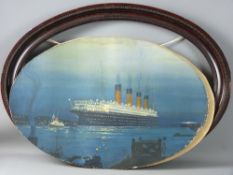 KENNETH D SHOESMITH coloured print on card, oval format - of the Cunard Line 'Mauretania at