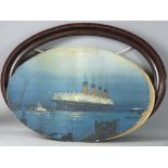 KENNETH D SHOESMITH coloured print on card, oval format - of the Cunard Line 'Mauretania at