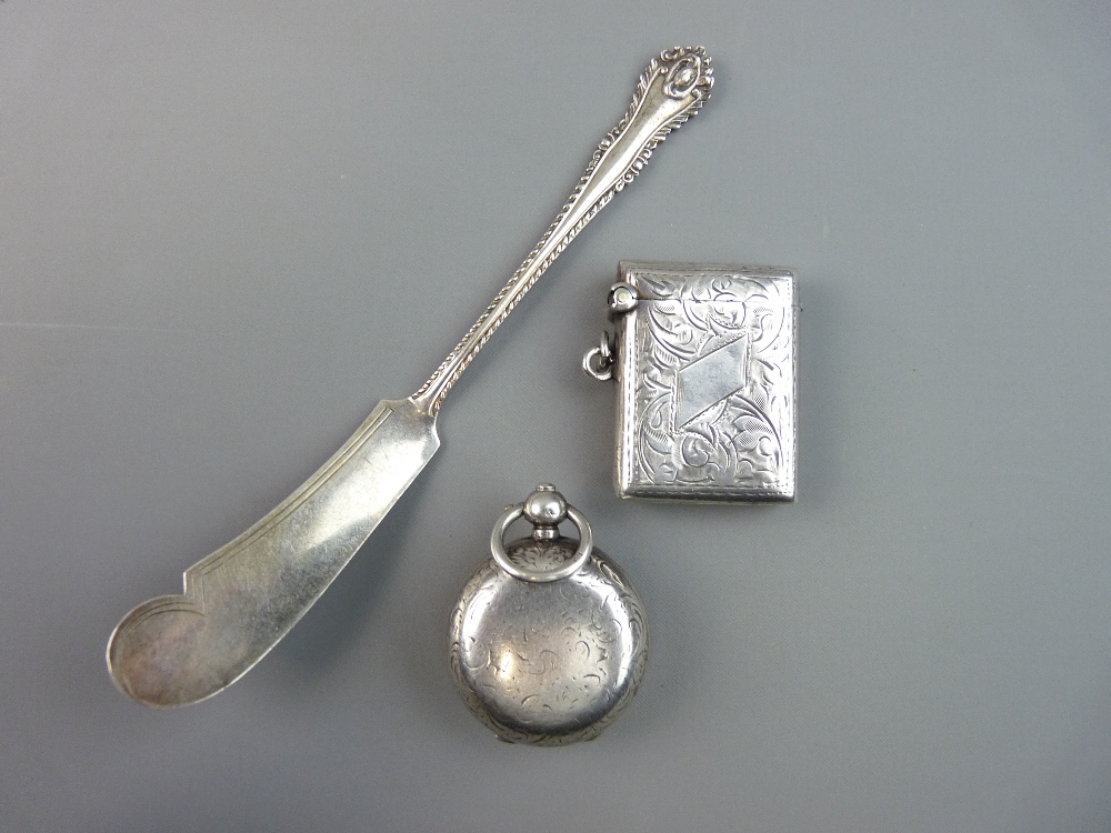 A SILVER SOVEREIGN CASE, a bright cut vesta case and a butter knife, Birmingham 1900, Birmingham