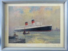 FRANK H MASON coloured print - Cunard White Star 'The Mauretania 2' passing a quay with tugboats
