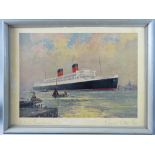 FRANK H MASON coloured print - Cunard White Star 'The Mauretania 2' passing a quay with tugboats