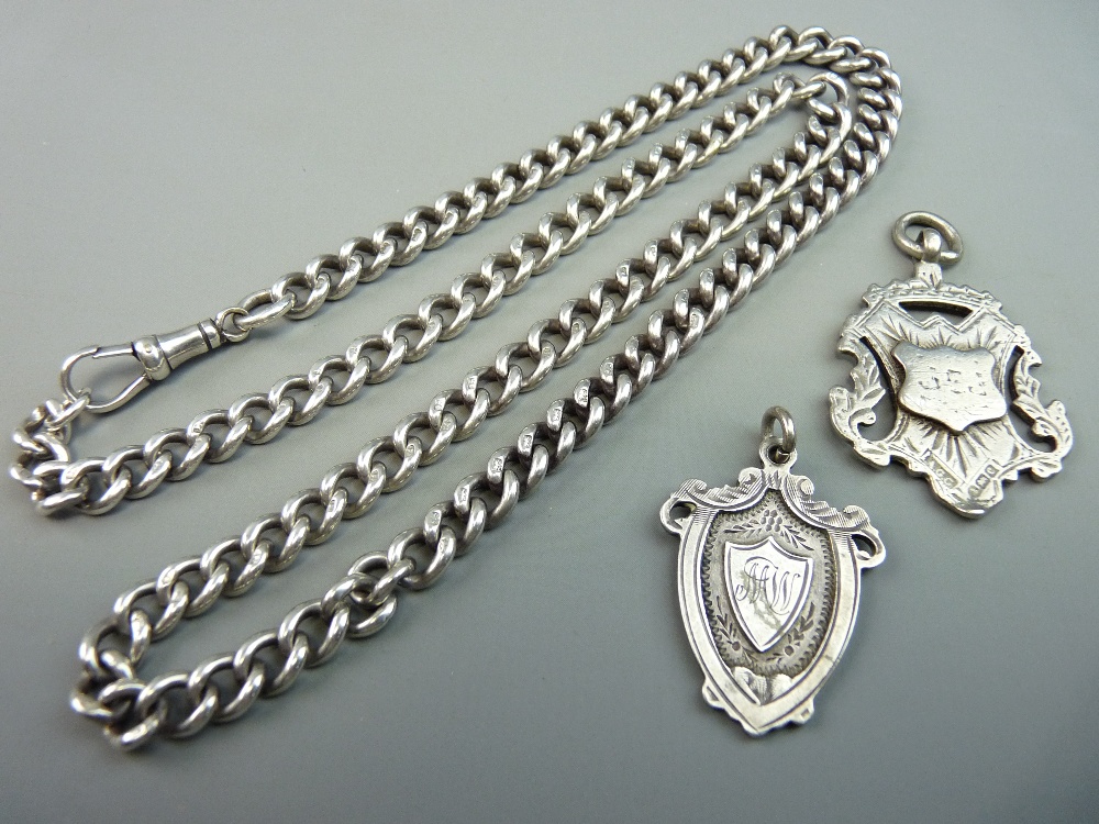 A SILVER ALBERT CHAIN & TWO HALLMARKED FOBS, 2.1 troy ozs