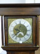 AN EARLY 19th CENTURY & LATER OAK LONGCASE CLOCK, the 12 ins square dial brass faced with silvered