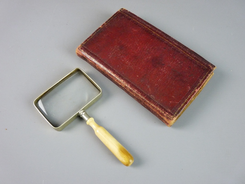 AN IVORY HANDLED MAGNIFYING GLASS in book shaped holder, the rectangular magnifier in a velvet lined