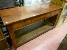 A REPRODUCTION OAK/HARDWOOD FARMHOUSE STYLE SIDEBOARD having two small front drawers with ring