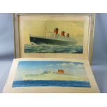 C E TURNER a pair of coloured prints - of the Cunard White Star 'Queen Mary', 47 x 72 cms and the '