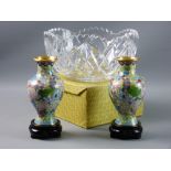 A CASED PAIR OF SMALL ORIENTAL FLORAL CLOISONNE VASES ON STANDS and a circular cut glass fruit bowl