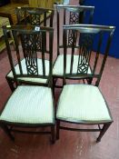 FOUR EDWARDIAN INLAID MAHOGANY SIDE CHAIRS, the top rails with diamond burr walnut inlay and line