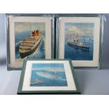 ANONYMOUS set of three coloured prints - 1. 'Mauretania' departing New York, 2. 'Caronia' shortly