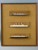 HALF SHIP MODELS framed as three within a group of the Queen Mary and two others, overall frame 60 x