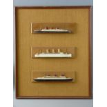 HALF SHIP MODELS framed as three within a group of the Queen Mary and two others, overall frame 60 x