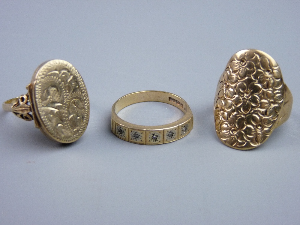 THREE NINE CARAT GOLD RINGS, size 'N' set with five tiny diamonds, size 'P' with a chased