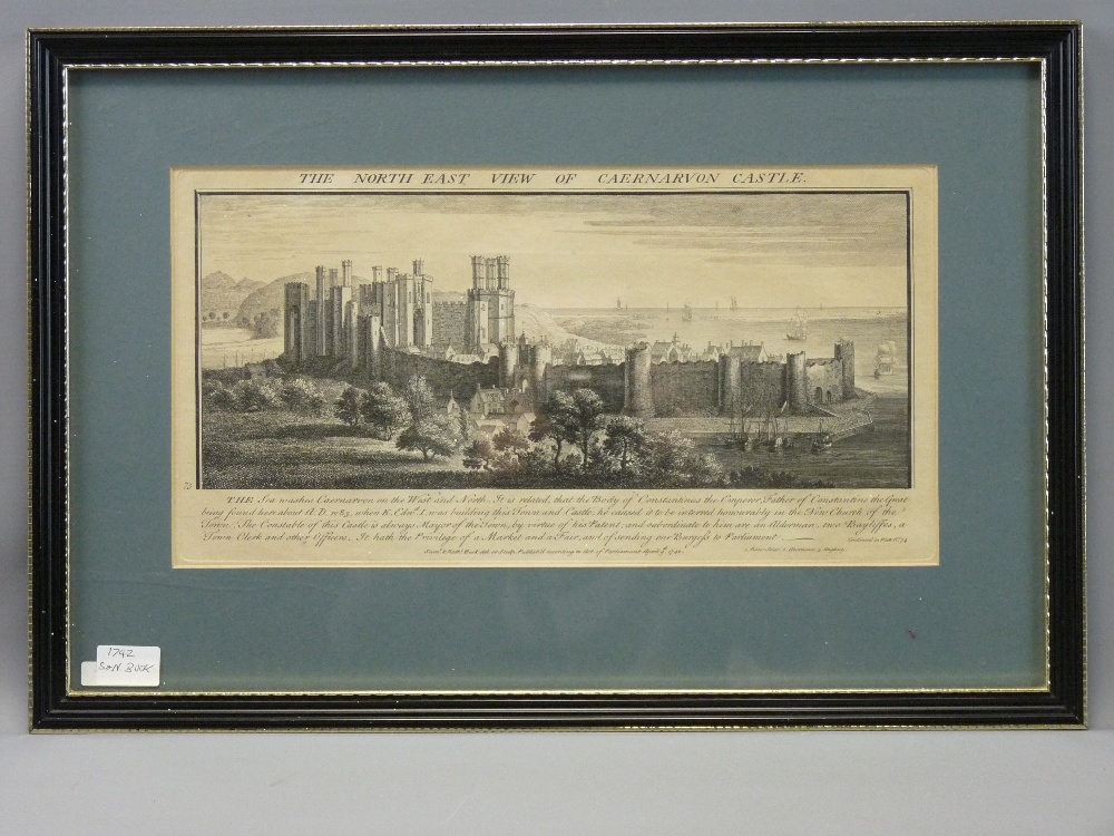 SAMUEL & NATHANIEL BUCK uncoloured lithograph 1742 - 'The North East View of Caernarfon Castle',