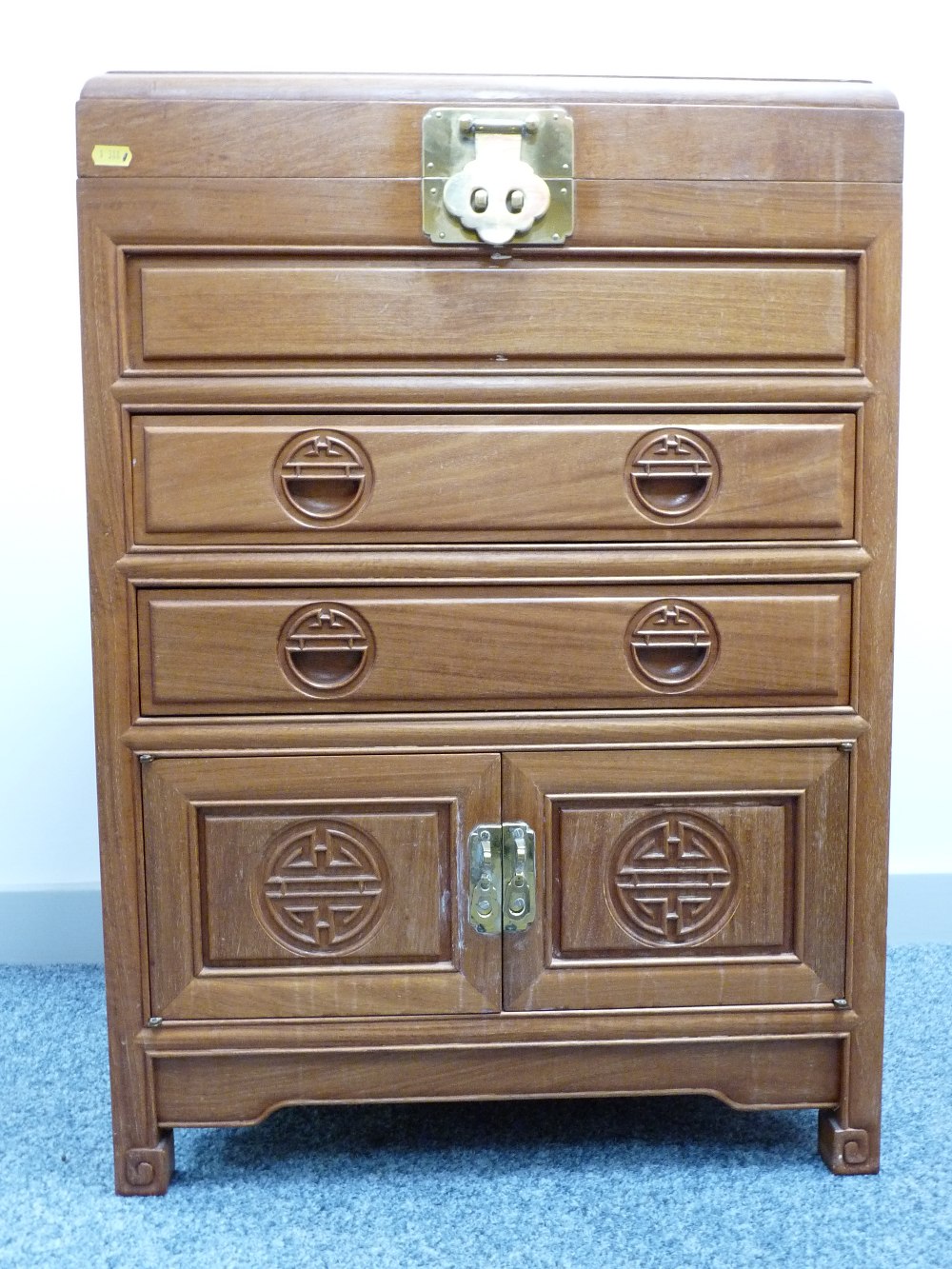 A CHINESE ROSEWOOD CUTLERY CHEST having a lift-up top and two lower drawers, all baize lined with