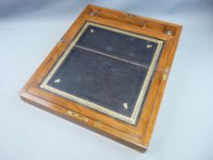 A VICTORIAN WALNUT & BRASS BOUND WRITING SLOPE, shaped inset monogrammed cartouche and escutcheon,
