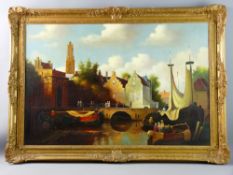 P C STEENHOUWER (b. Amsterdam 1927, d. 1969) oil on canvas - canal scene with numerous buildings,