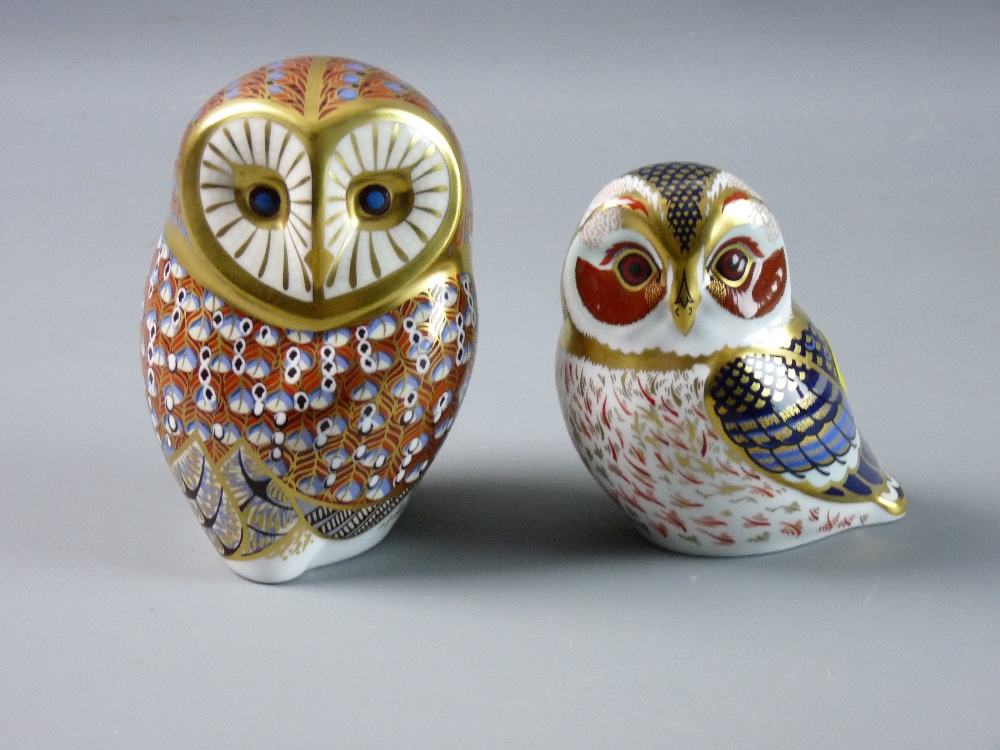 TWO ROYAL CROWN DERBY OWL PAPERWEIGHTS, an 11.5 cms high example marked 'MMI' and factory