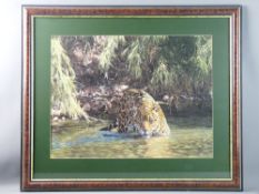 SIMON COMBES limited edition (309/950) print - a cheetah wading through water, 48 x 63 cms