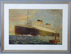 WALTER THOMAS coloured print - of the White Star Line 'Georgic' steaming past a light ship, 38 x