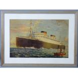 WALTER THOMAS coloured print - of the White Star Line 'Georgic' steaming past a light ship, 38 x