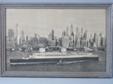 ANONYMOUS black and white print - of the N German Lloyd 'Europa' sailing into New York, 34 x 54 cms