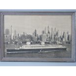 ANONYMOUS black and white print - of the N German Lloyd 'Europa' sailing into New York, 34 x 54 cms