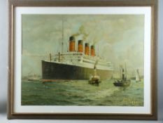 SAM J D BROWN large coloured print - entitled of the 'Cunard Line, Aquitania', 69 x 93 cms (for