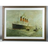 SAM J D BROWN large coloured print - entitled of the 'Cunard Line, Aquitania', 69 x 93 cms (for