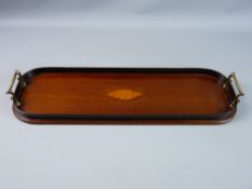 A SHERATON STYLE MAHOGANY DRINK'S TRAY of rectangular form with curved ends, closed gallery and