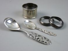 THREE SILVER NAPKIN RINGS & two European pierced silver spoons, 2.1 troy ozs gross