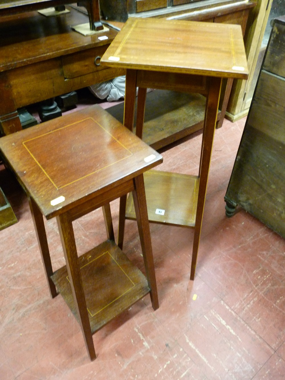 TWO EDWARDIAN MAHOGANY & STRING INLAID SQUARE TOPPED PLANTER STAND with base shelves