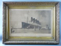EARLY SEPIA PRINT - of the Cunard Line 'The Mauretania' with attendant tugs etc passing the Statue