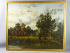 19th CENTURY OIL ON CANVAS - pastoral scene with thatched farmstead, figure with sheep and figure on