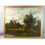 19th CENTURY OIL ON CANVAS - pastoral scene with thatched farmstead, figure with sheep and figure on