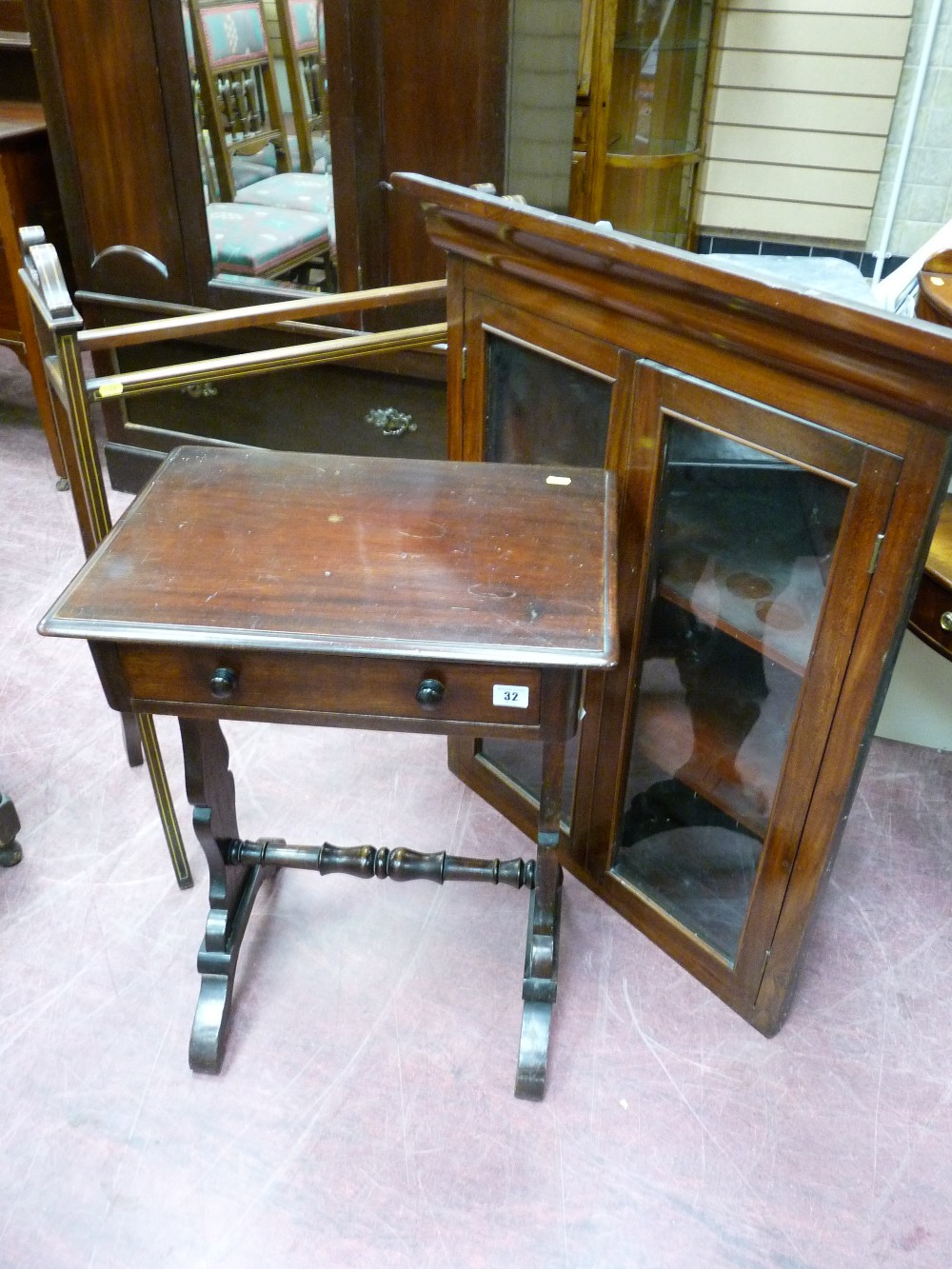 A SMALL MAHOGANY SIDE TABLE WITH SINGLE DRAWER and turned stretcher, a two door late Victorian