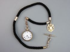 A NINE CARAT GOLD LADY'S FOB WATCH on a plaited hair Albert, the open faced watch having a white