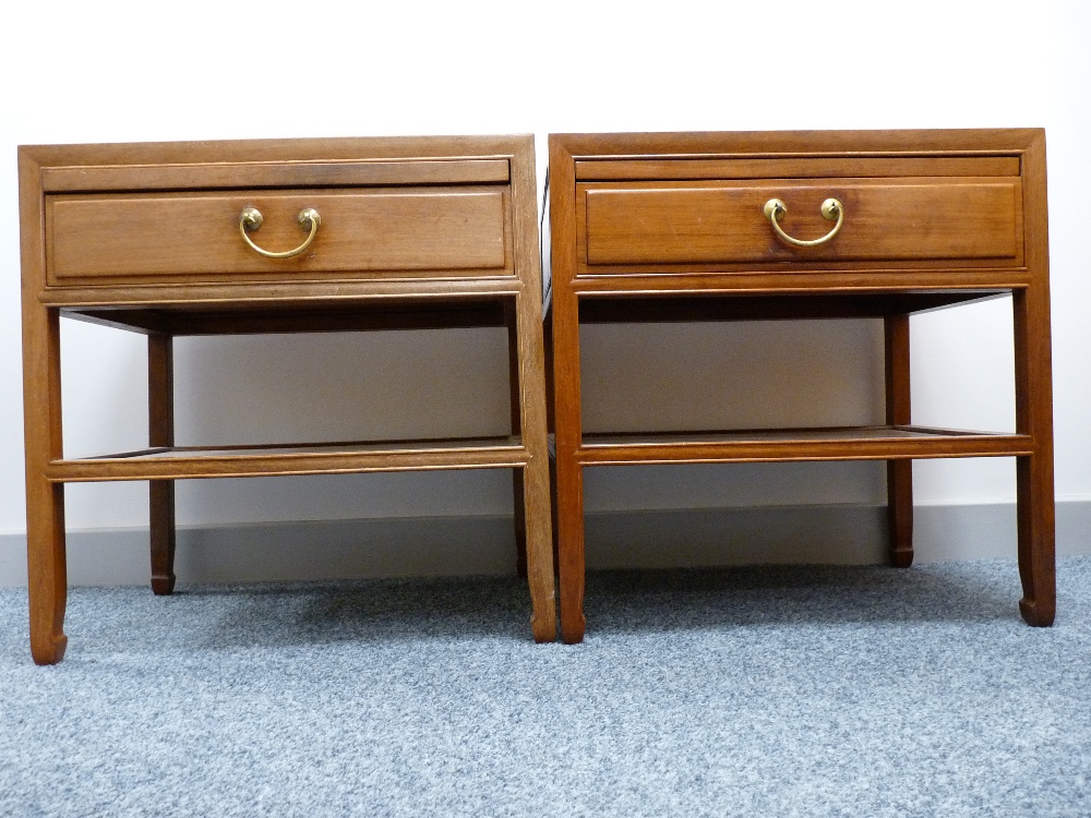 A PAIR OF CHINESE ROSEWOOD SIDE TABLES with single drawer and platform slide and under tier shelf,