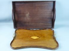 AN EDWARDIAN TWIN HANDLED TRAY & ONE OTHER, both mahogany, one with a closed gallery and twin