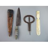 AN IRON JEW'S HARP & TWO OTHER ITEMS including an Eastern knife with decorative handle and sheath