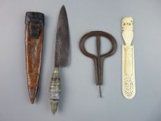 AN IRON JEW'S HARP & TWO OTHER ITEMS including an Eastern knife with decorative handle and sheath