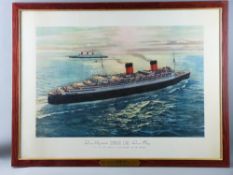 CARL C EVERS large coloured print - of the Cunard White Star 'The Queen Elizabeth' and 'The Queen