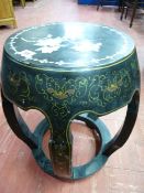 A CHINESE BARREL SHAPED STOOL in black lacquerwork with cloisonne style painted decoration and