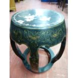 A CHINESE BARREL SHAPED STOOL in black lacquerwork with cloisonne style painted decoration and