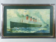 FRED PANSING coloured print - Cunard Line 'Aquitania' with a naval ship at stern, 51 x 93 cms (