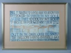 JONAH JONES watercolour - calligraphy extracts from the 42nd psalm with a sketch of fallow deer,