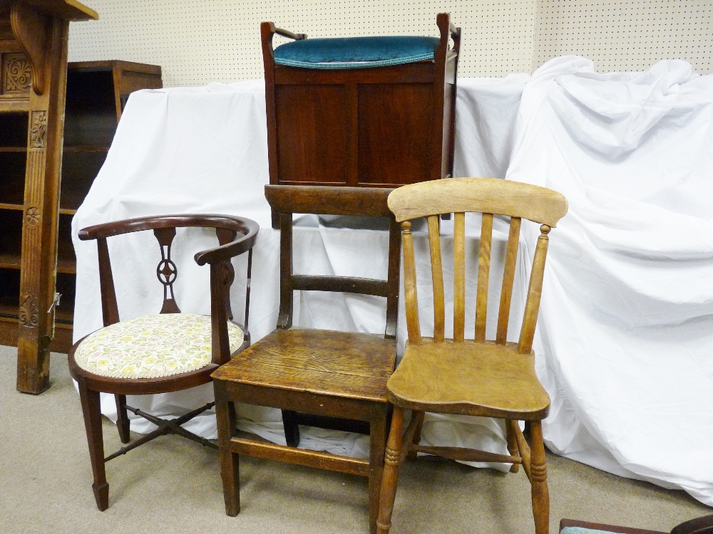 A MAHOGANY TUB CHAIR, two farmhouse chairs and a box seat piano stool