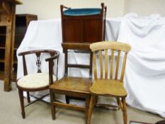 A MAHOGANY TUB CHAIR, two farmhouse chairs and a box seat piano stool