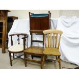 A MAHOGANY TUB CHAIR, two farmhouse chairs and a box seat piano stool