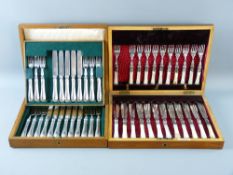 A WOODEN CANTEEN OF MOTHER OF PEARL HANDLED ELECTROPLATED FISH CUTLERY (one fork missing) and an oak