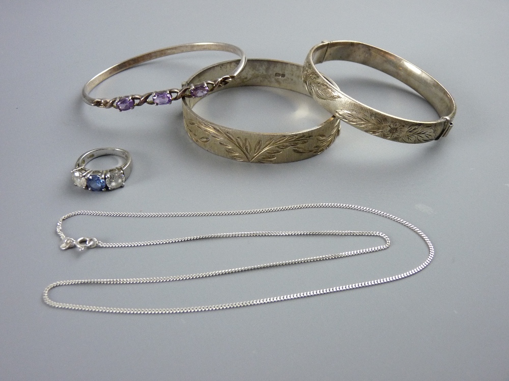 TWO HALLMARKED SILVER BANGLES with other 925 marked jewellery, 66 grms gross including a further